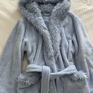 Plush Light Blue Faux Fur Hooded Robe